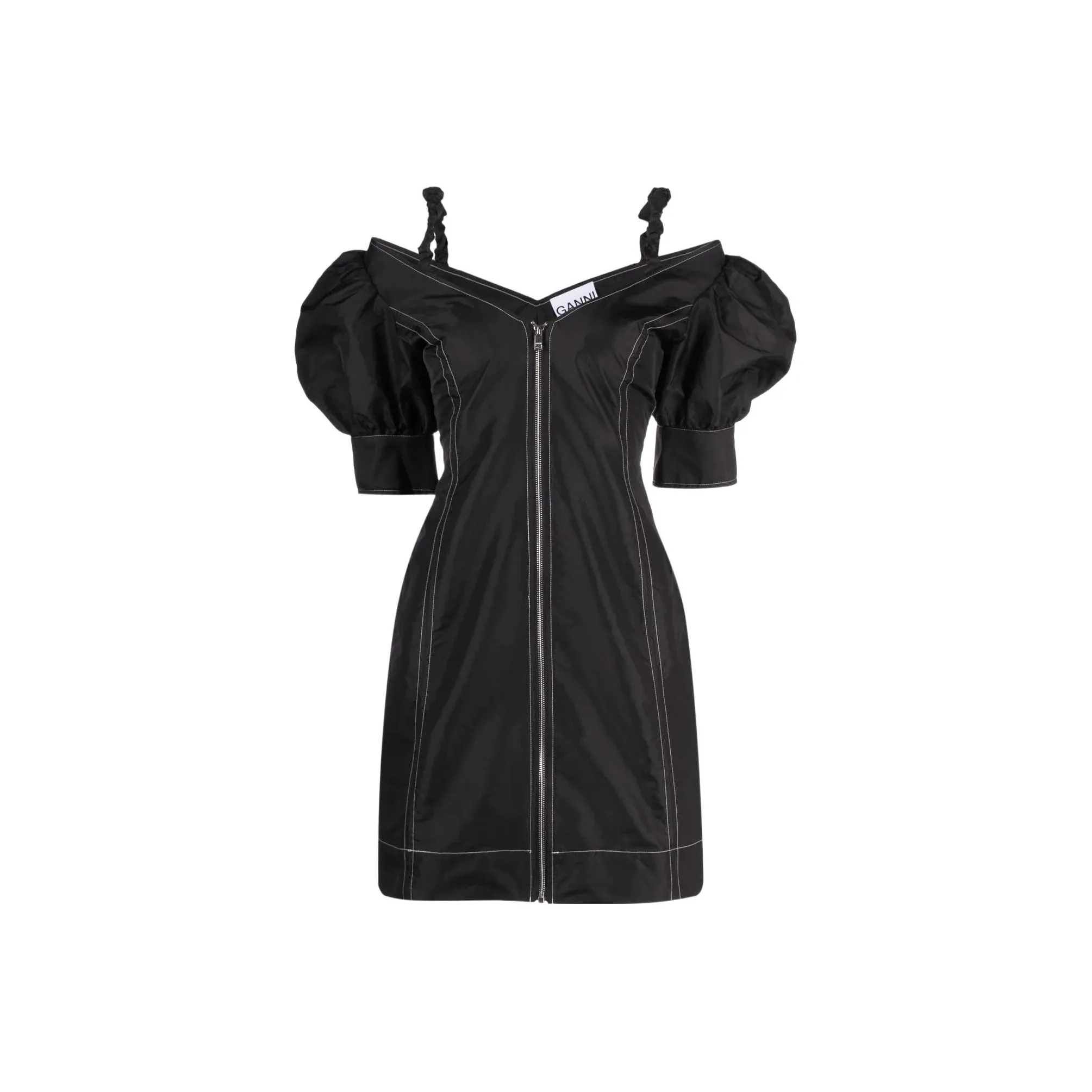GANNI Черное Женское Короткое Платье с Рукавами