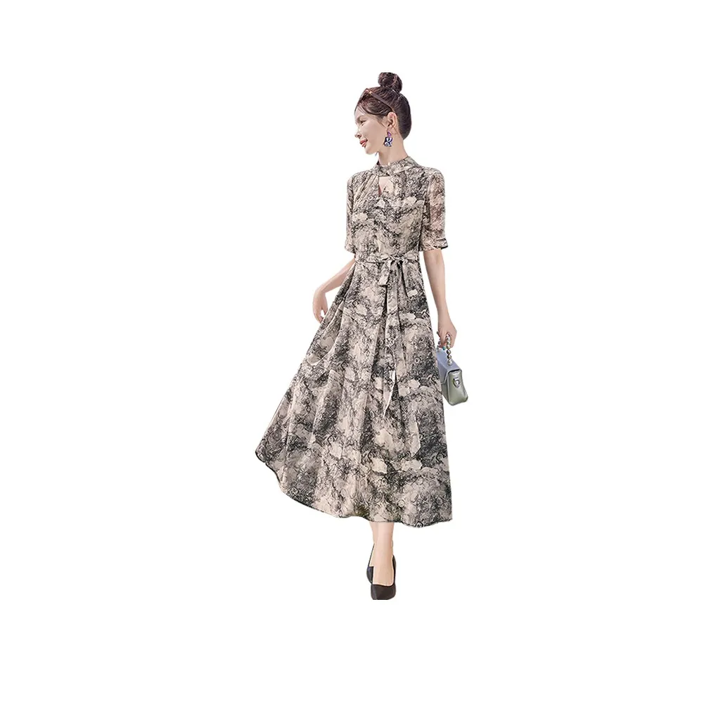 Cypress House Short Sleeved Dress Women's Beige With Black Floral