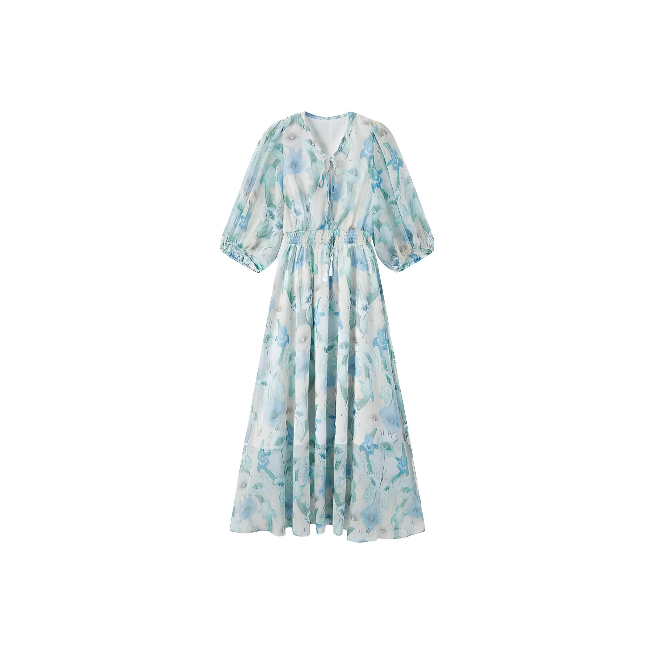 EICHITOO Короткое платье с короткими рукавами женское светло-синий узор