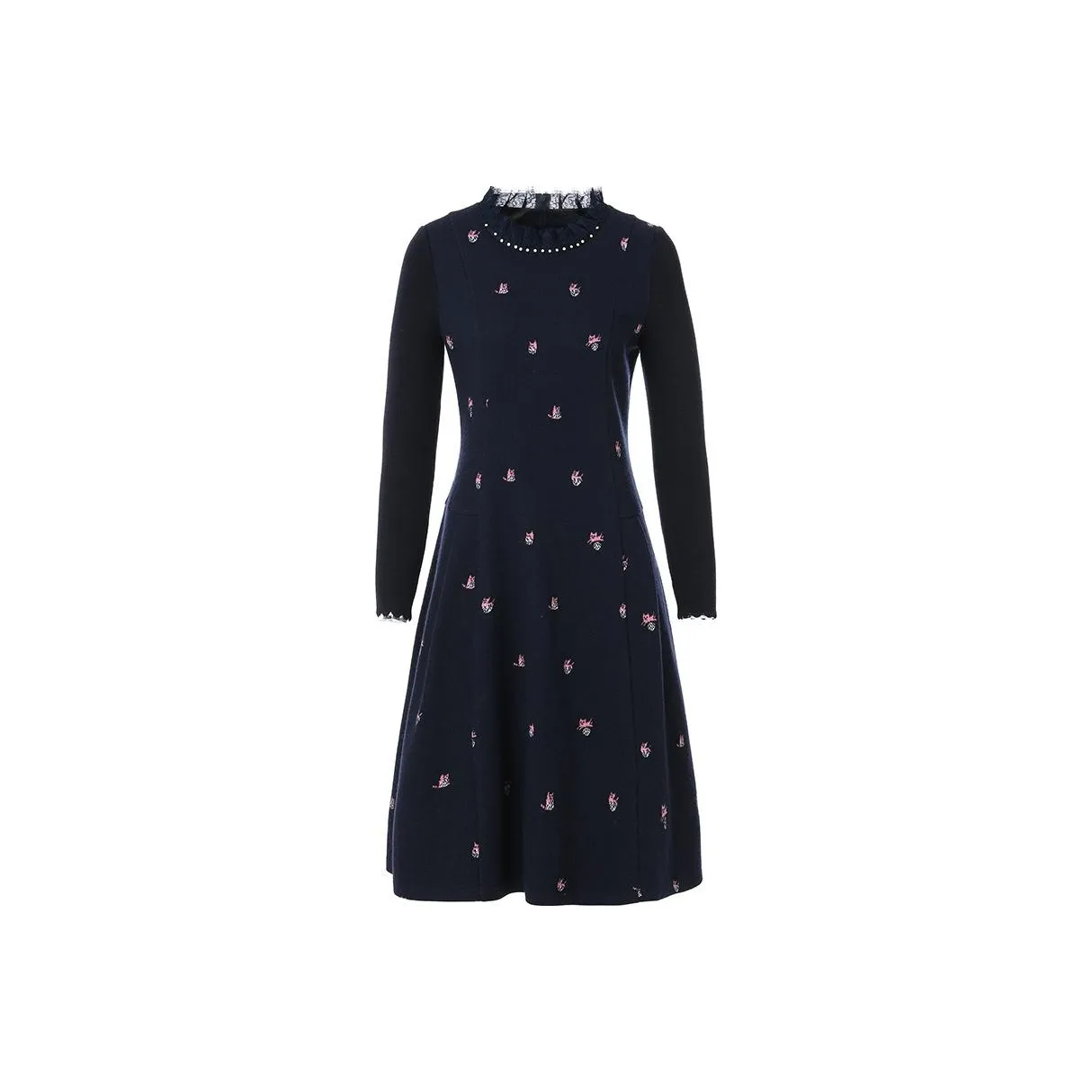 QIAOWANNI Long Sleeved Dress Women's Kitten Playing With Ball