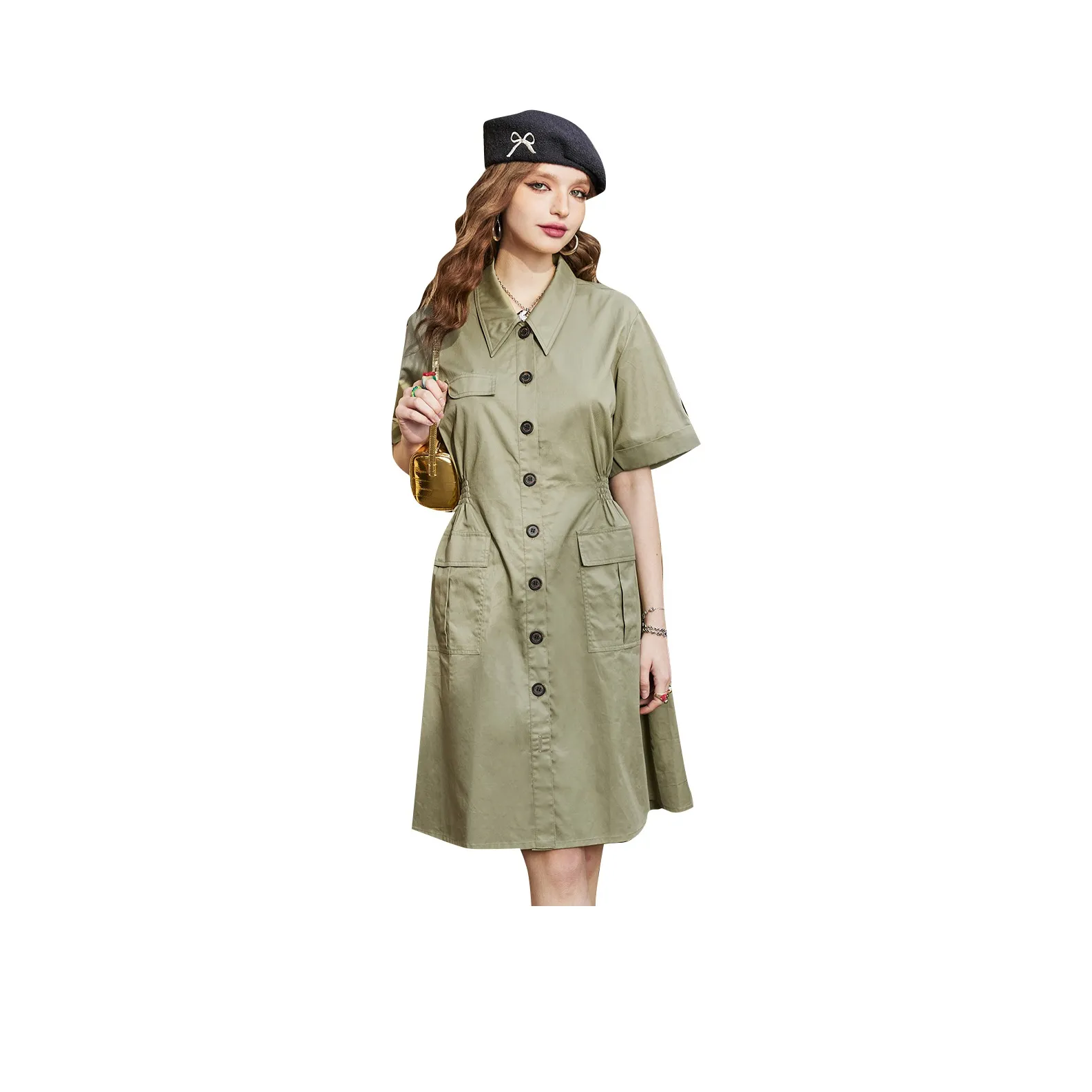 ELF SACK Solid Color Shirt Style Workwear Casual Street Vintage Dress Women's