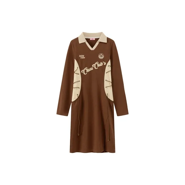 CHUU Длинное платье с длинными рукавами женское кофейного цвета