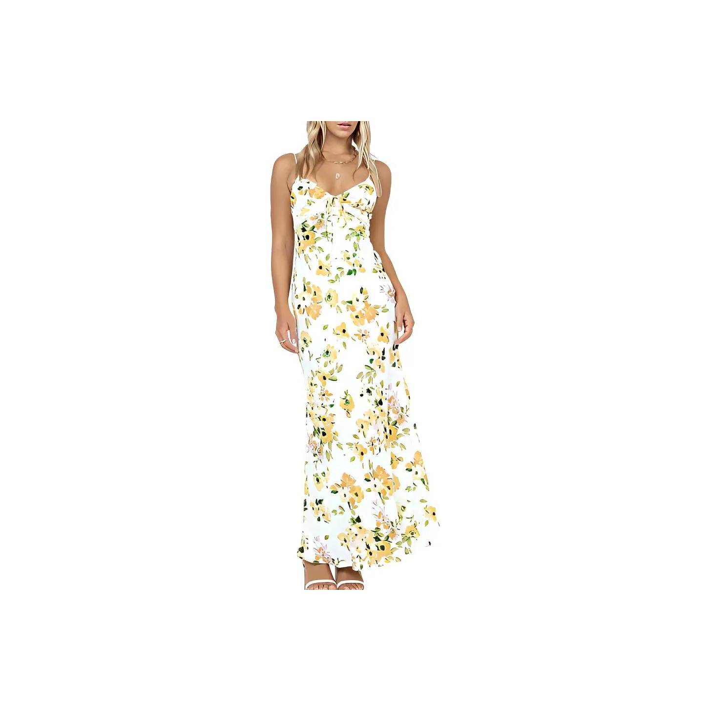 PRINCESS POLLY EMILY MAXI DRESS WHITE YELLOW FLORAL Floral Print Slim Fit V Neck Slip Dresses Women's Multicolor