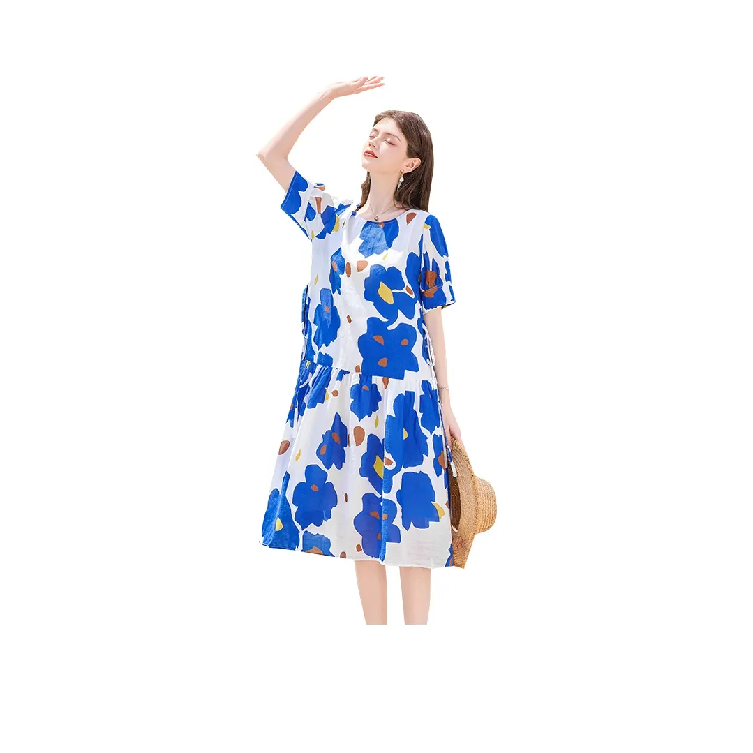 TOUCH Short Sleeved Dress Women's White With Blue Floral