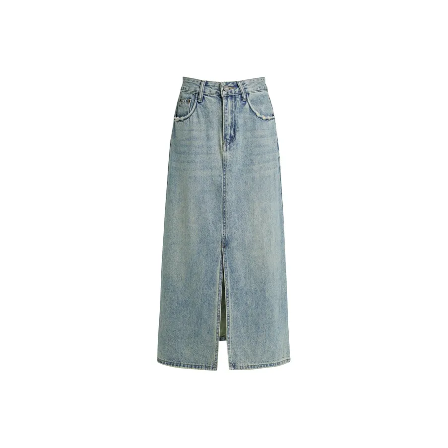 Розовый деним длинный юбка женский жадеит зеленый