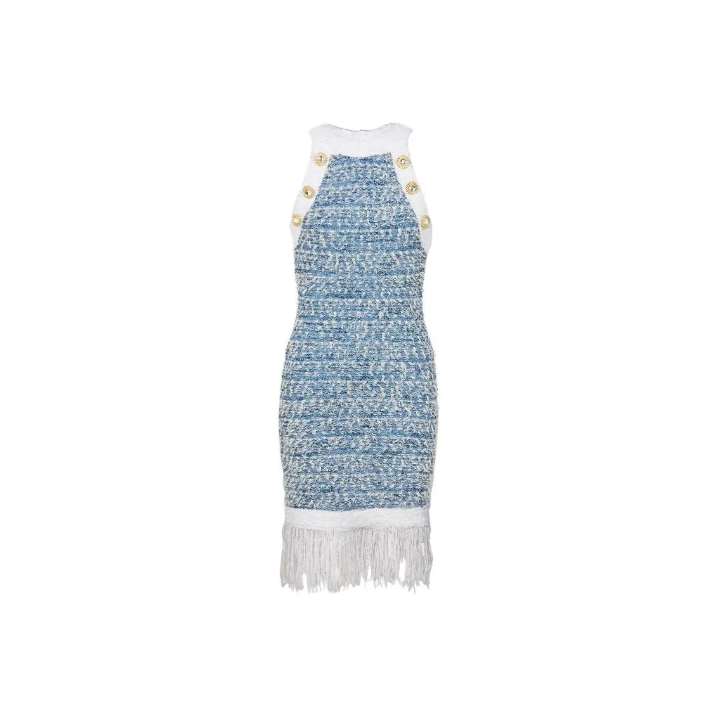BALMAIN Fringed Denim Tweed Dress