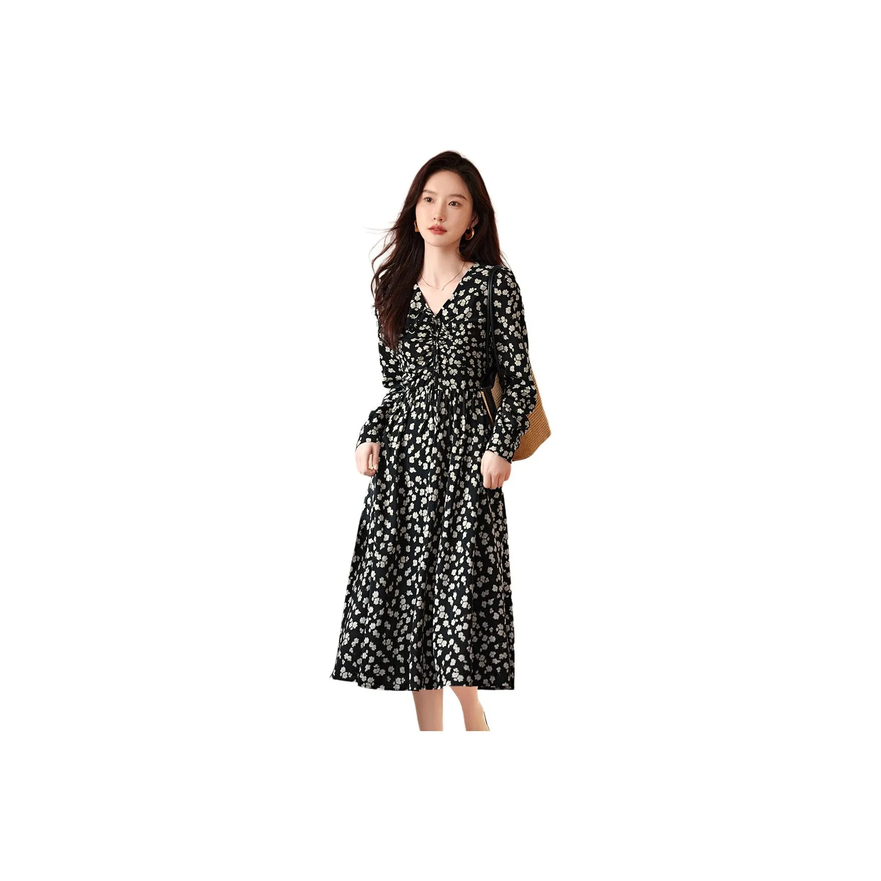XWI Long Sleeved Dress Women's Black With Beige Floral