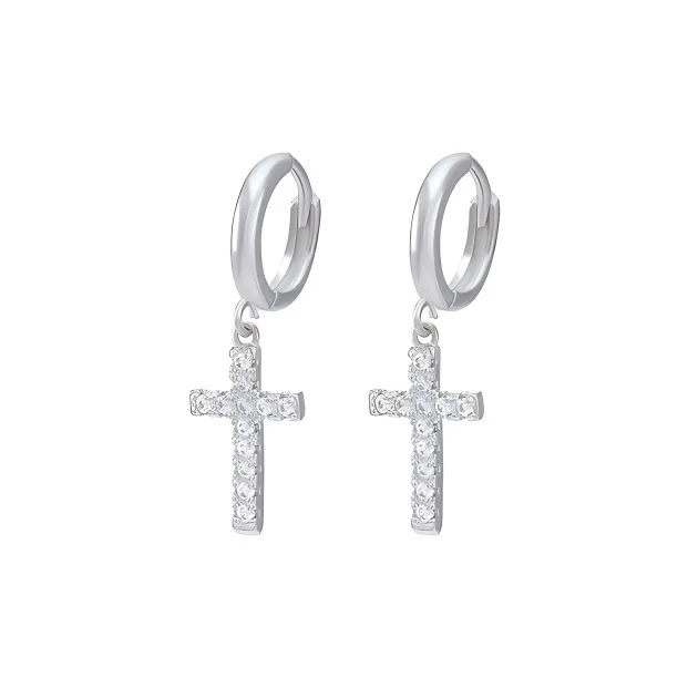 PUENTE 925 Sterling Silver Cross Hoop Earrings Men's