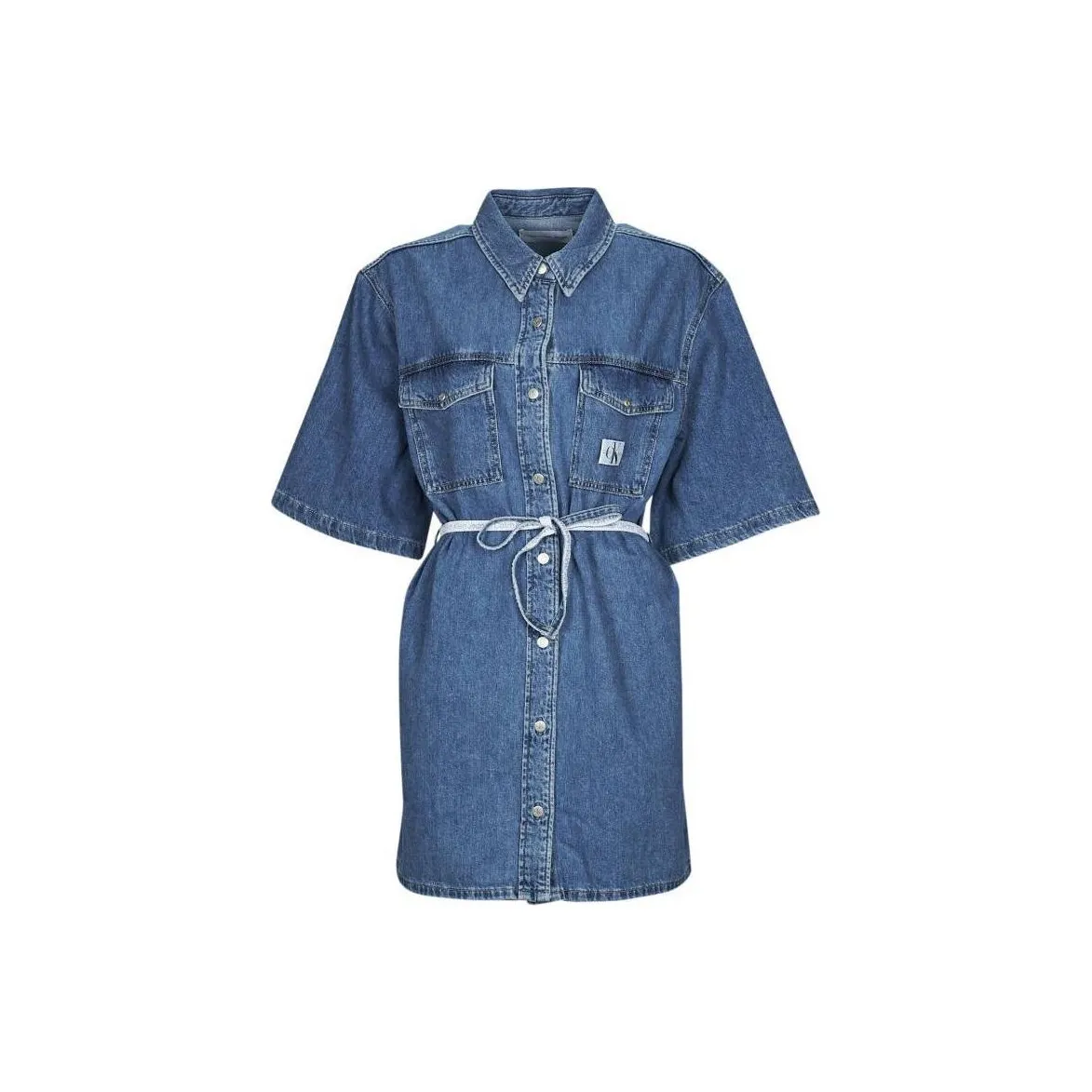 CALVIN KLEIN Belted Denim Shirt Dress Short Sleeved Dress Women's Blue