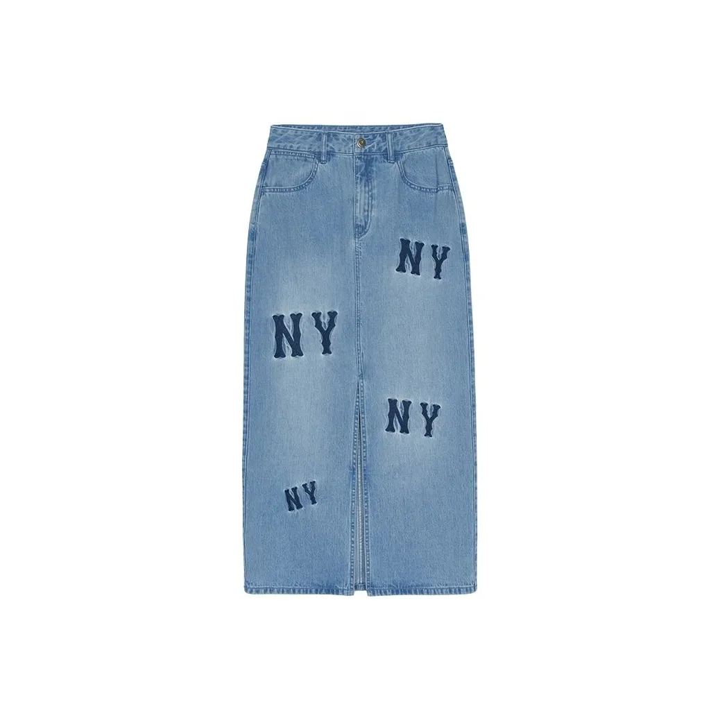 Mlb Base Logo New York Yankees Denim Long Skirt Women's Light Blue