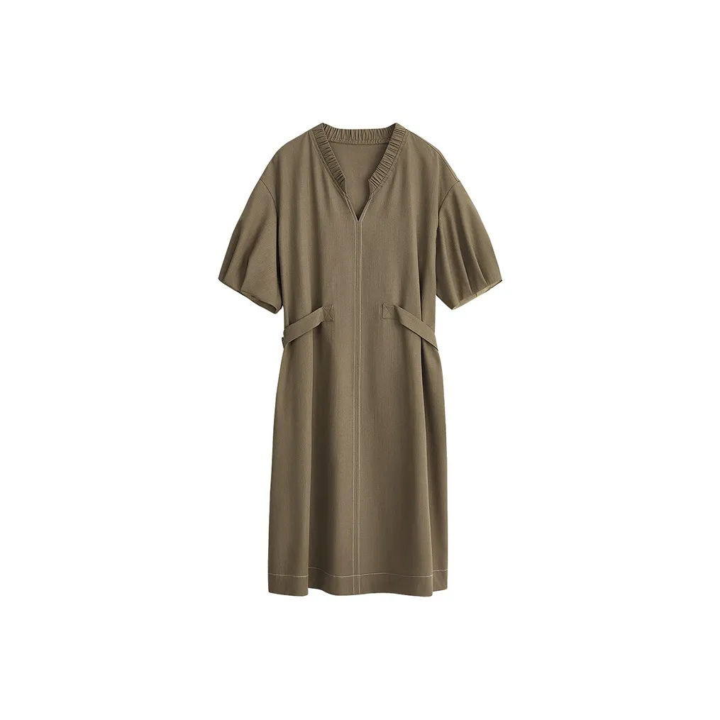 Initial Language Short Sleeved Dress Women's Olive Green