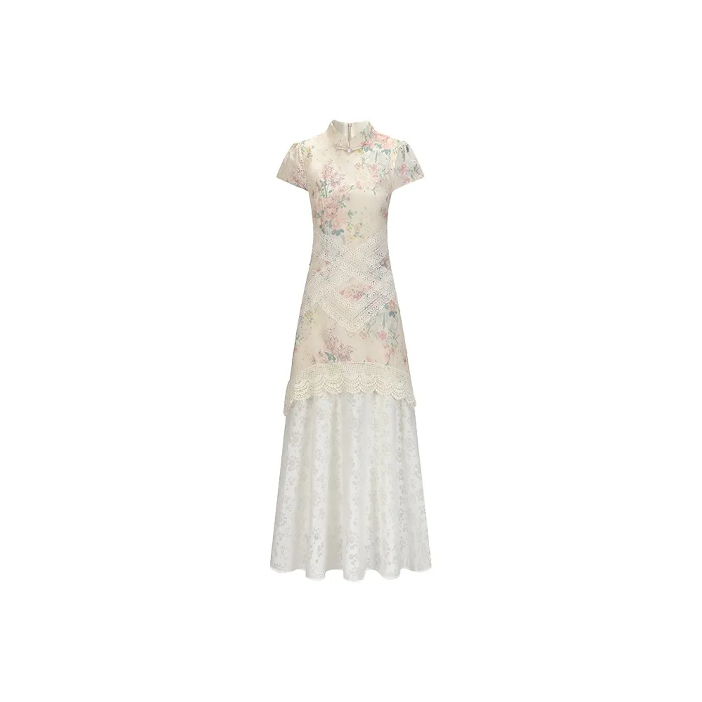 SYEEE WITH U Короткий рукав Платье женское Абрикосовый ципау Mock Двухкомпонентный