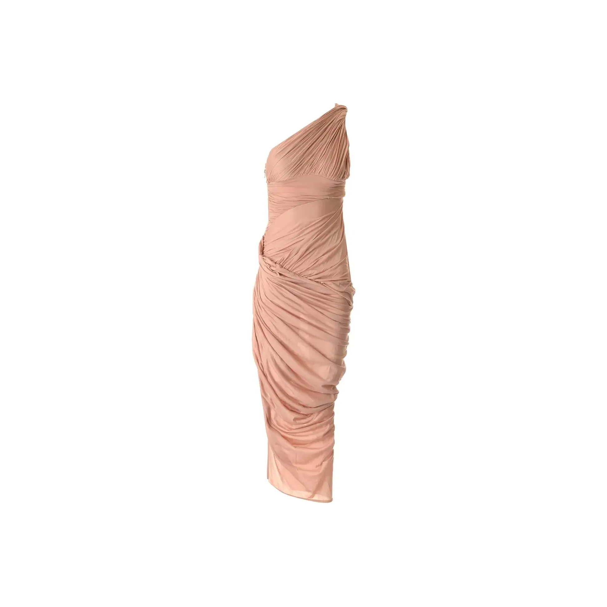 RICK OWENS One Shoulder Draped Ruched Midi Dress