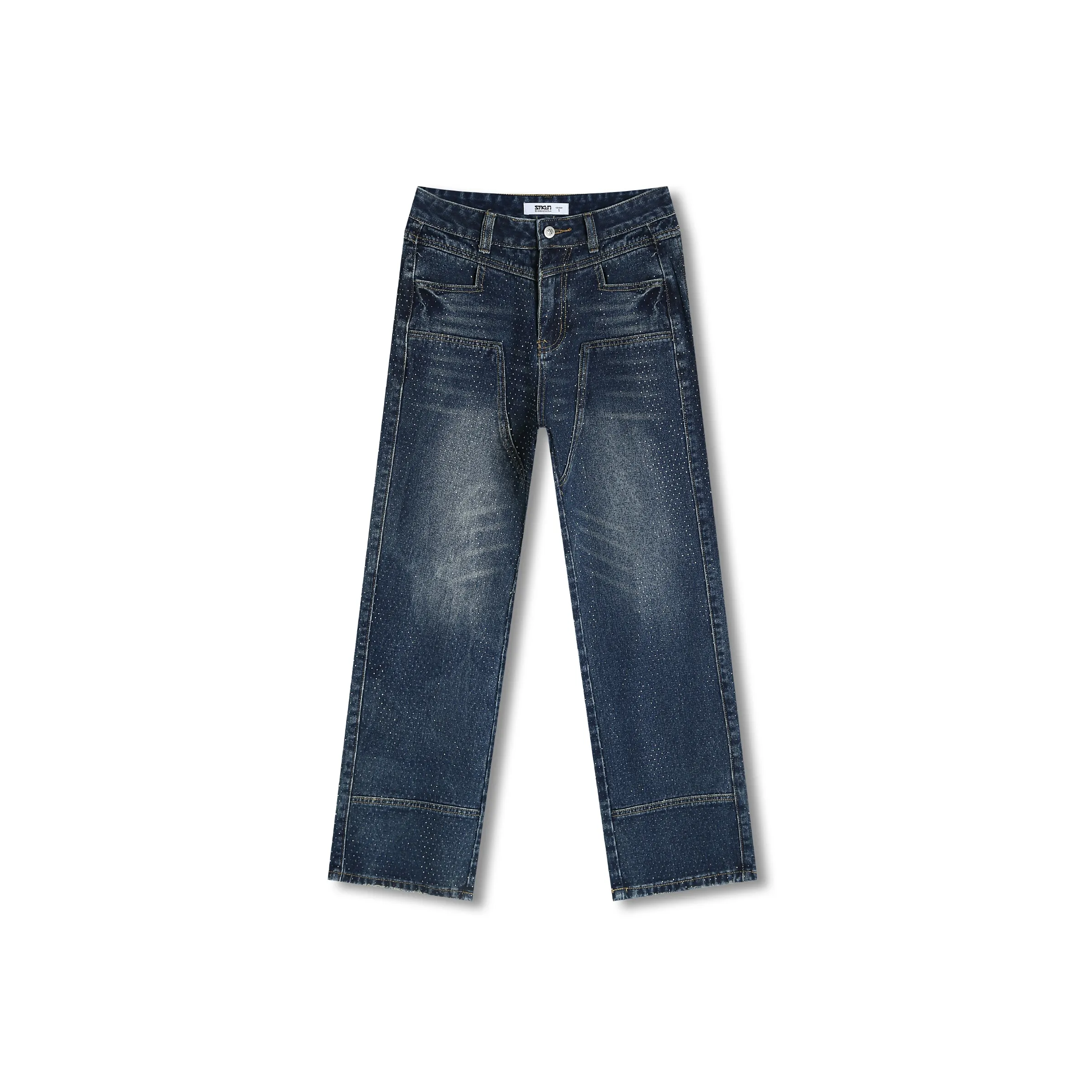 SAKUN Jeans Women's Heavyweight Full Rhinestones Denim Blue