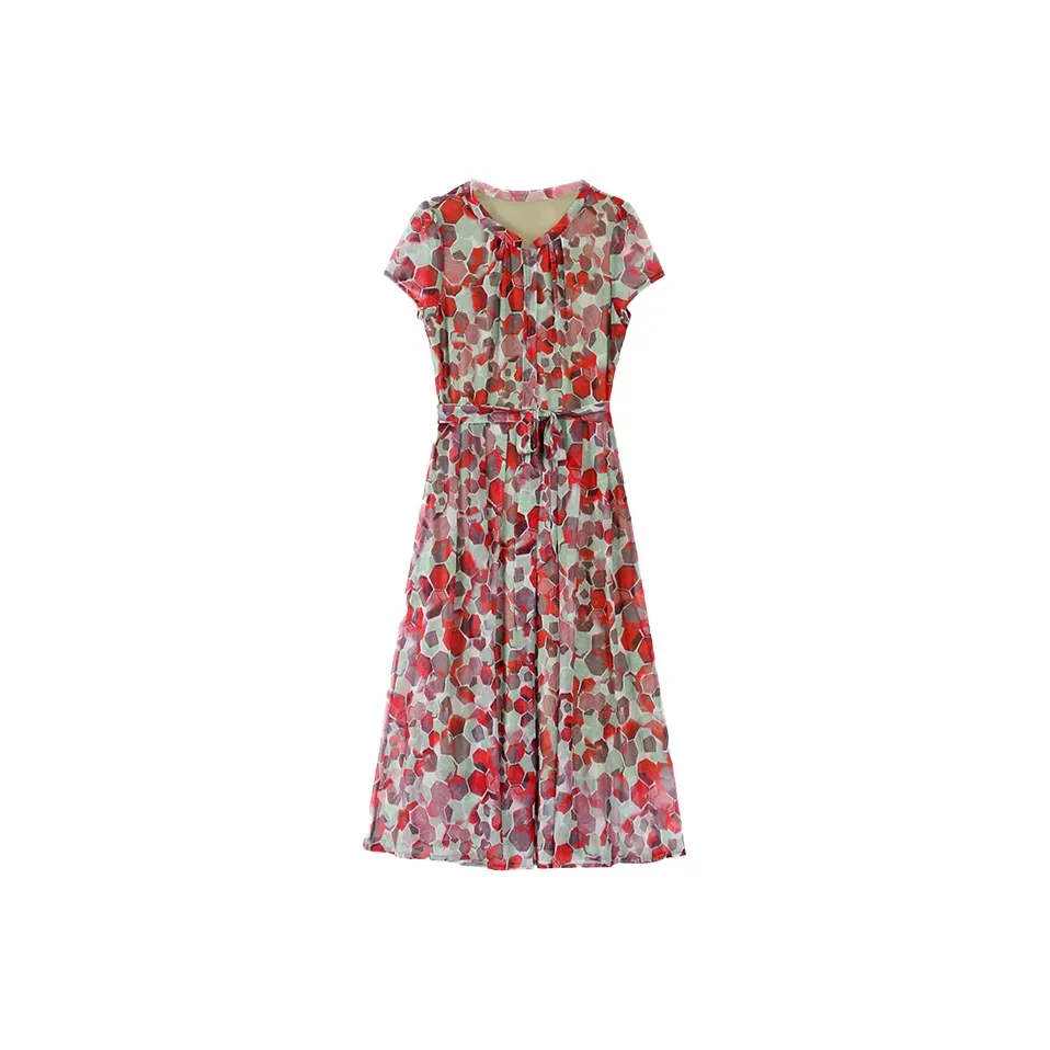 Mapping Короткий рукав Платье Женское Красное Зеленое