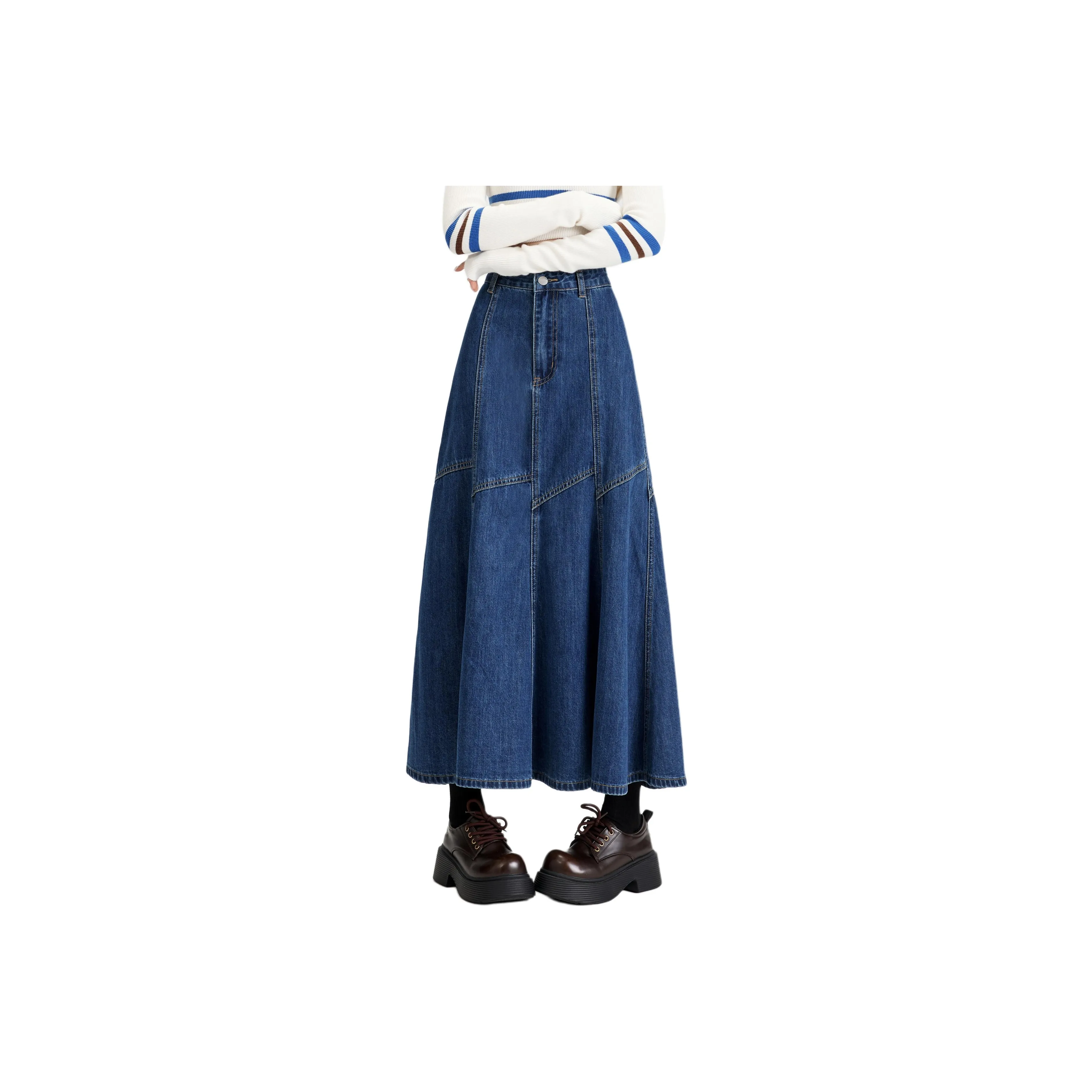 Rose Denim Long Skirts Women's Vintage Blue