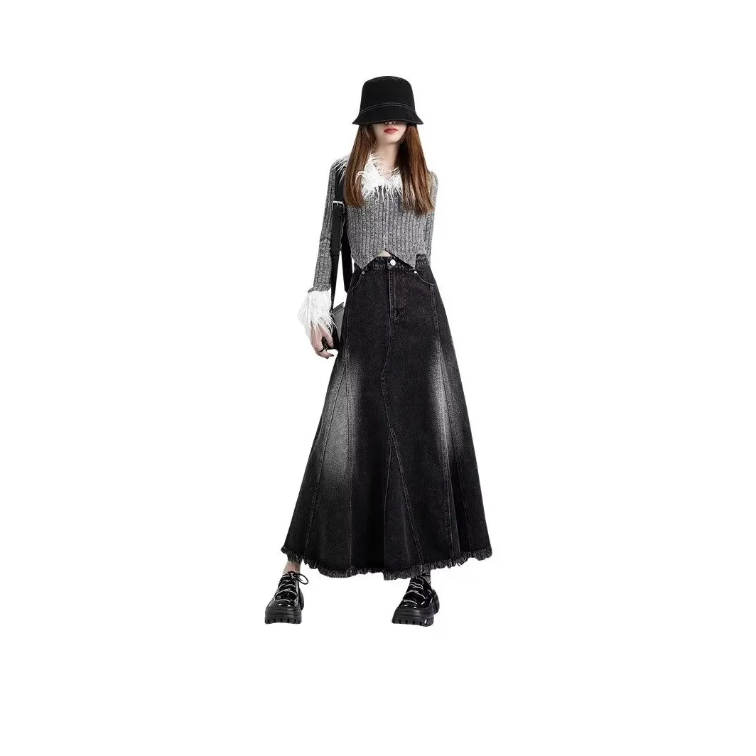 Alxnan Denim Long Skirts Women's Black