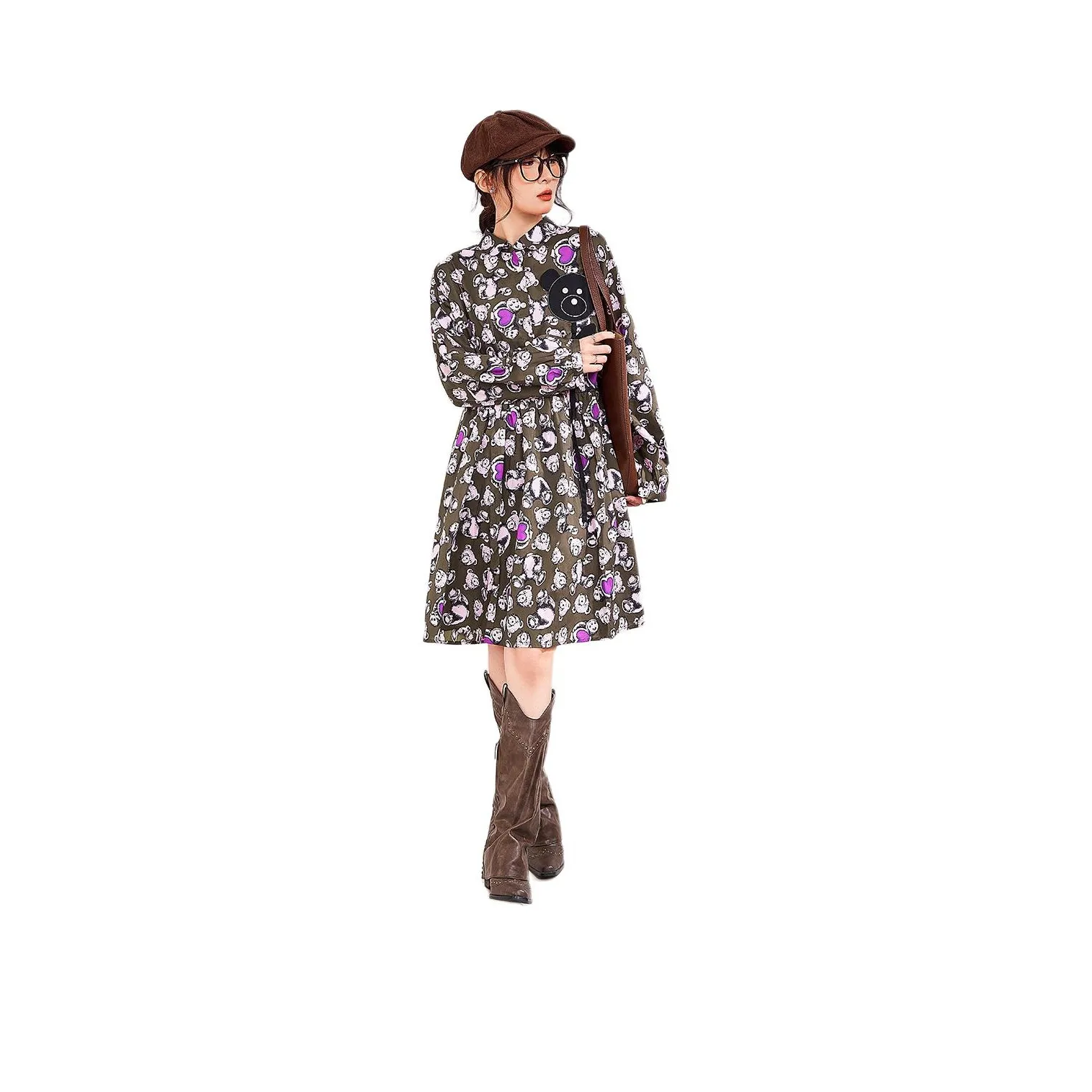 MUGUOGUOMU Long Sleeved Dress Women's Coffee Pink