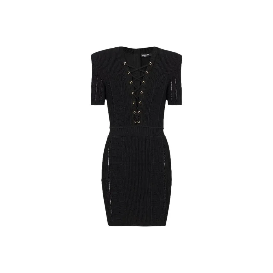 BALMAIN Short Fine Ribbed Knit Dress