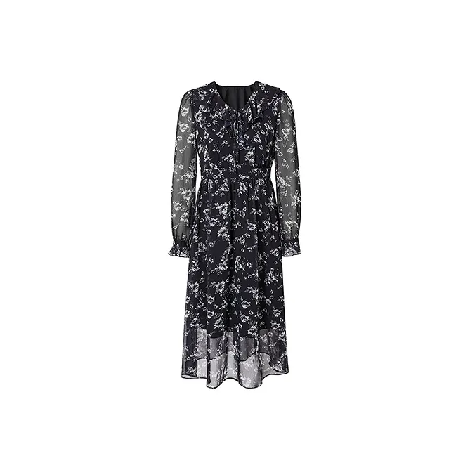 Hopeshow Long Sleeved Dresses Women's Black With Floral