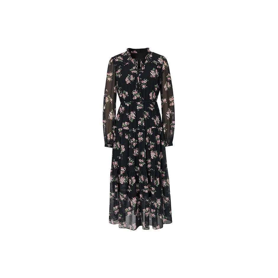 Hopeshow Long Sleeved Dress Women's Black With Floral