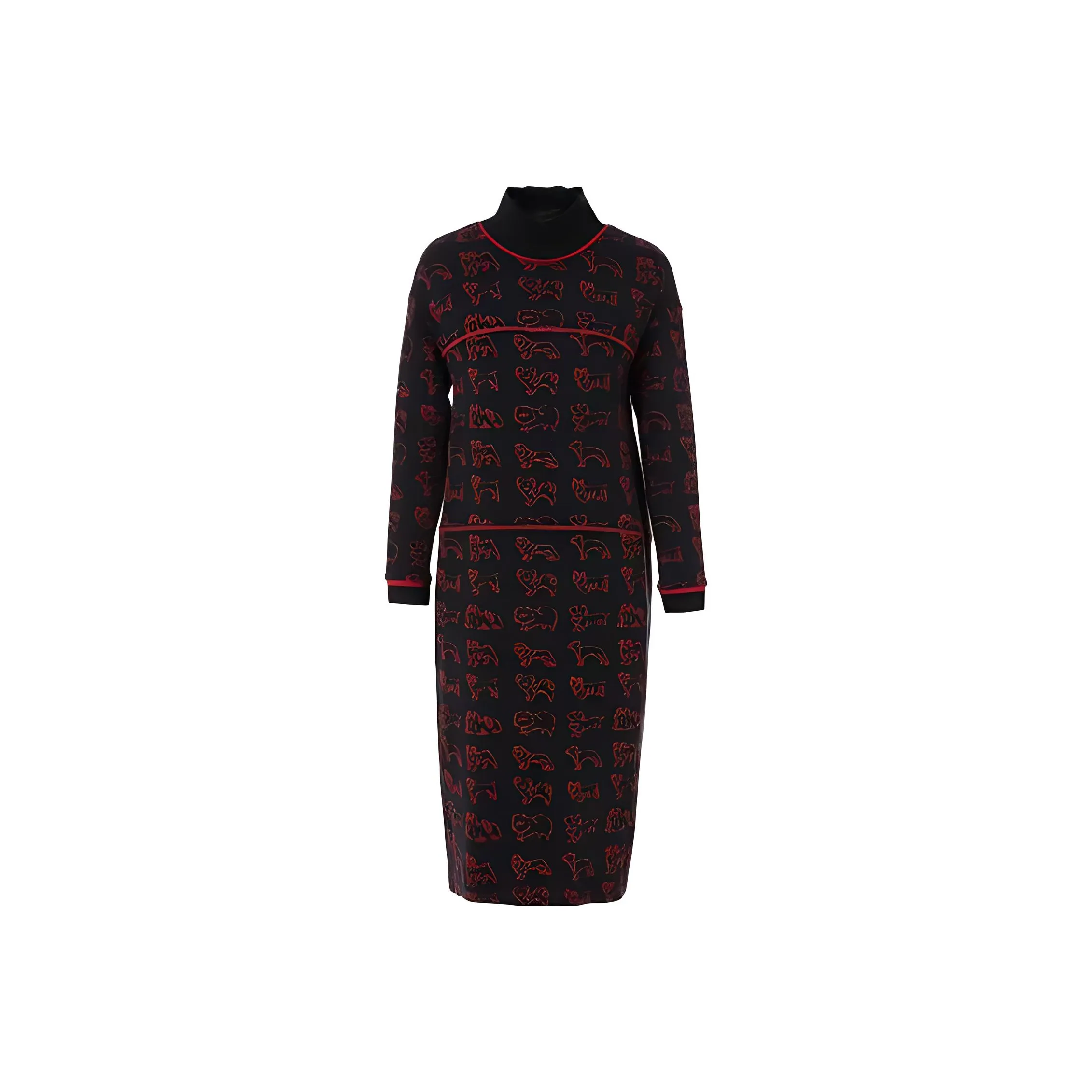 QIAOWANNI Long Sleeved Dress Women's Hydrangea Dog Red Black