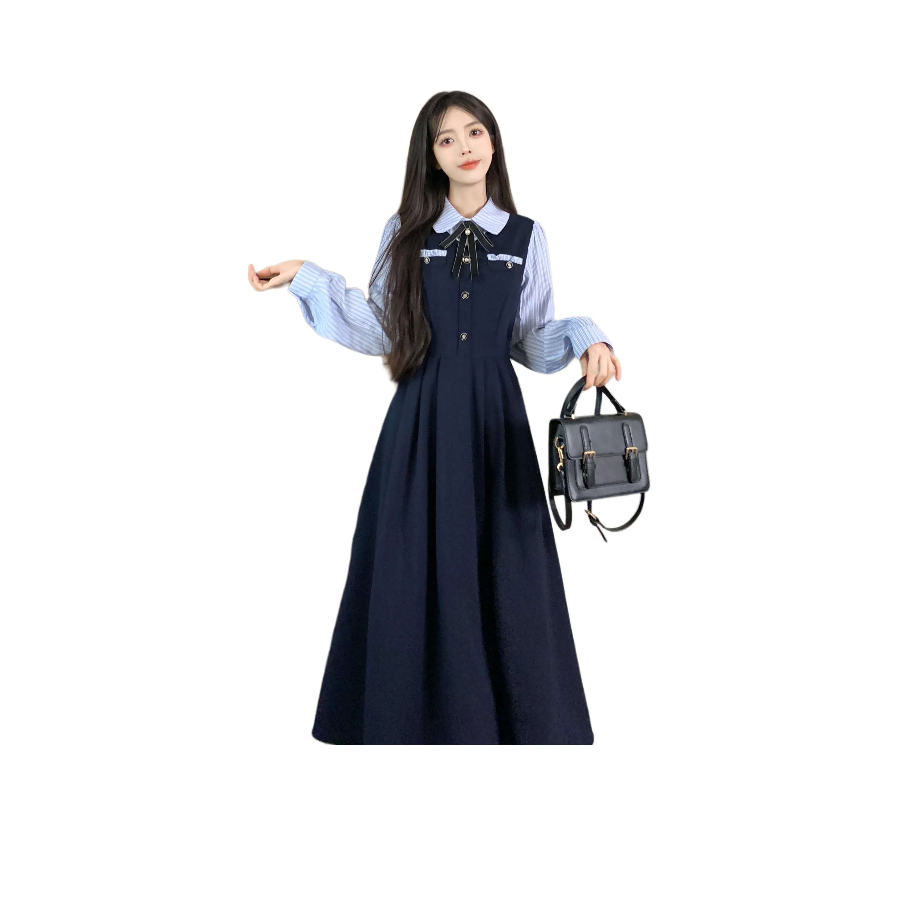 GULIANFEI Длинное платье с длинными рукавами женское темно-синий