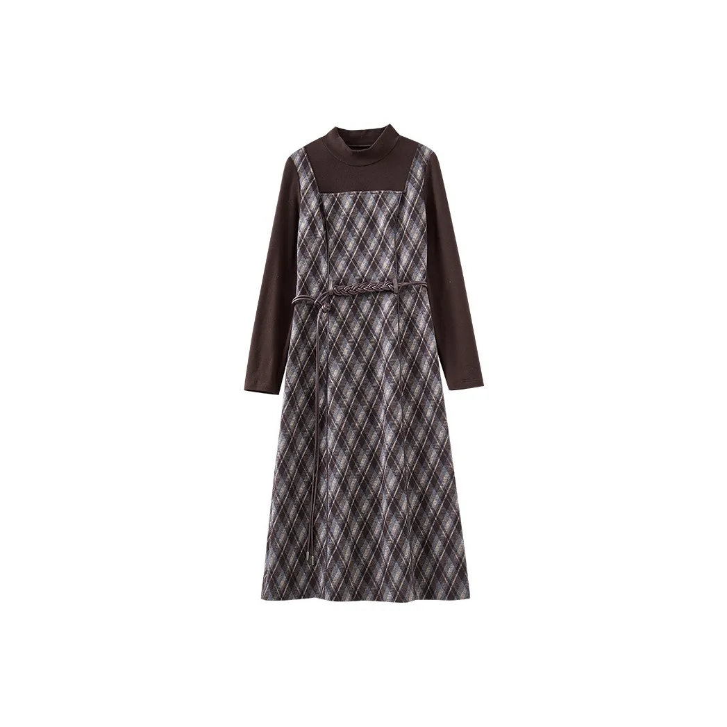 OUNIXUE Длинное платье с длинными рукавами женское кофейная клетка