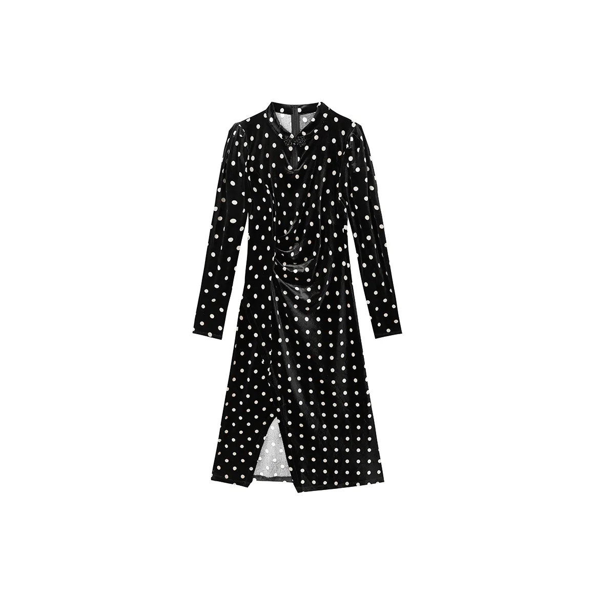 Yu Qianwen Длинное платье с длинными рукавами женское черное в горошек