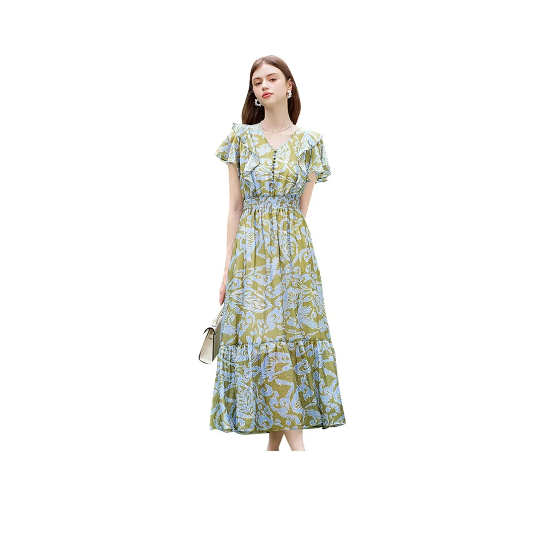 TOUCH Short Sleeved Dress Women's Green With Light Blue Floral