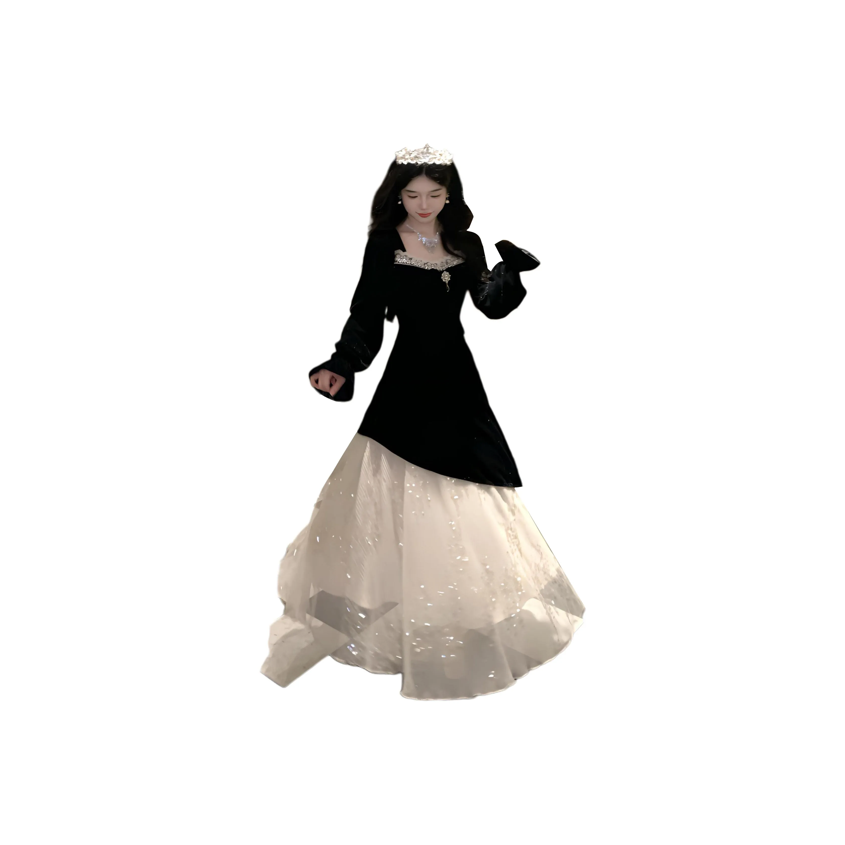 Flowers In Water Long Sleeved Dress Women's Black