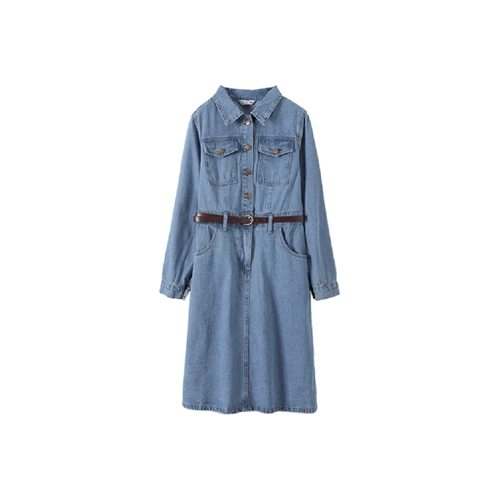 Mo Han Yi Mei Long Sleeved Dress Women's Light Denim Blue