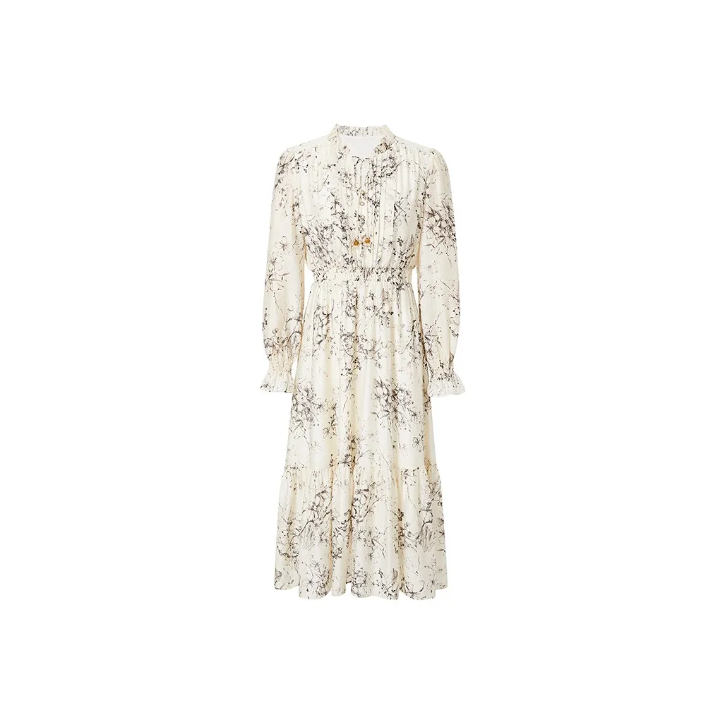 Hopeshow Long Sleeved Dress Women's Beige With Black Floral