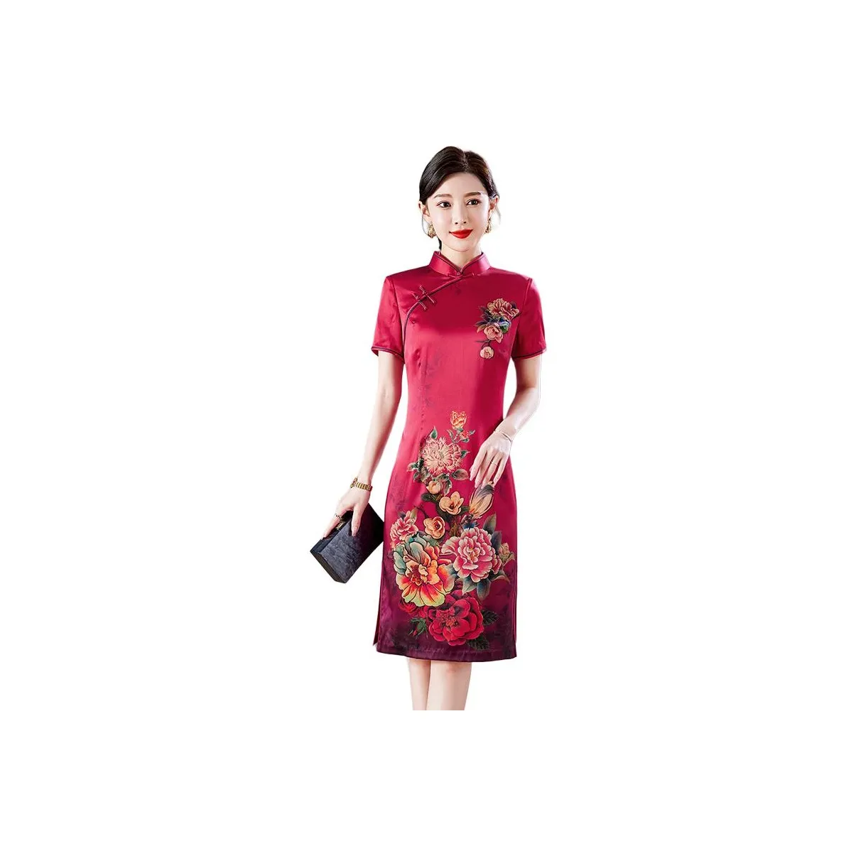 Yi Mengyuan Silk Short Sleeved Dress Women's Gradient Red