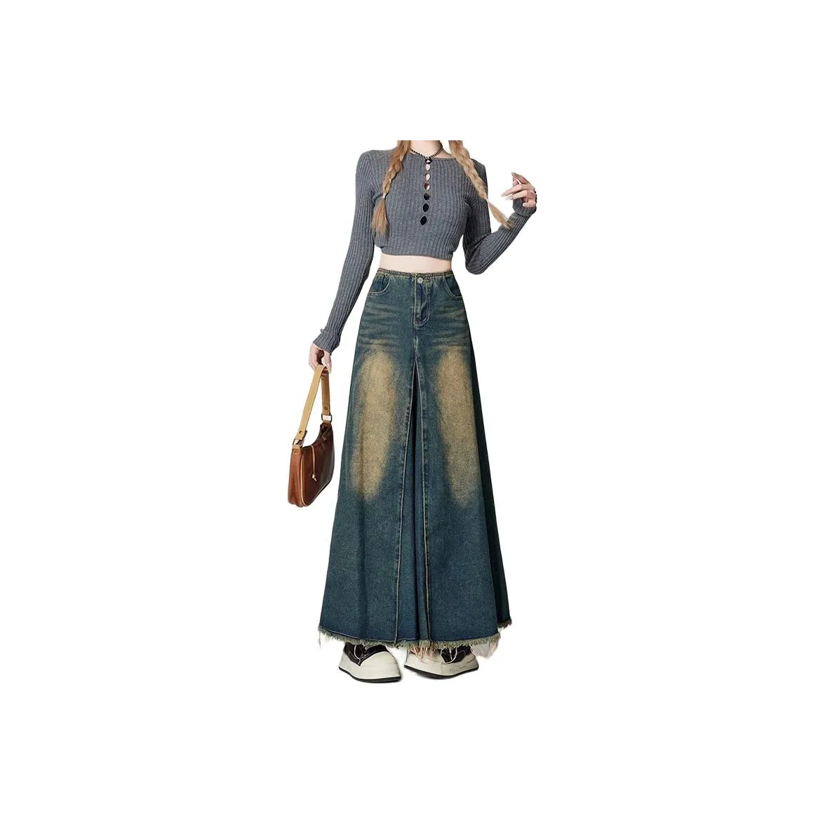 Alxnan Denim Long Skirts Women's Vintage Blue