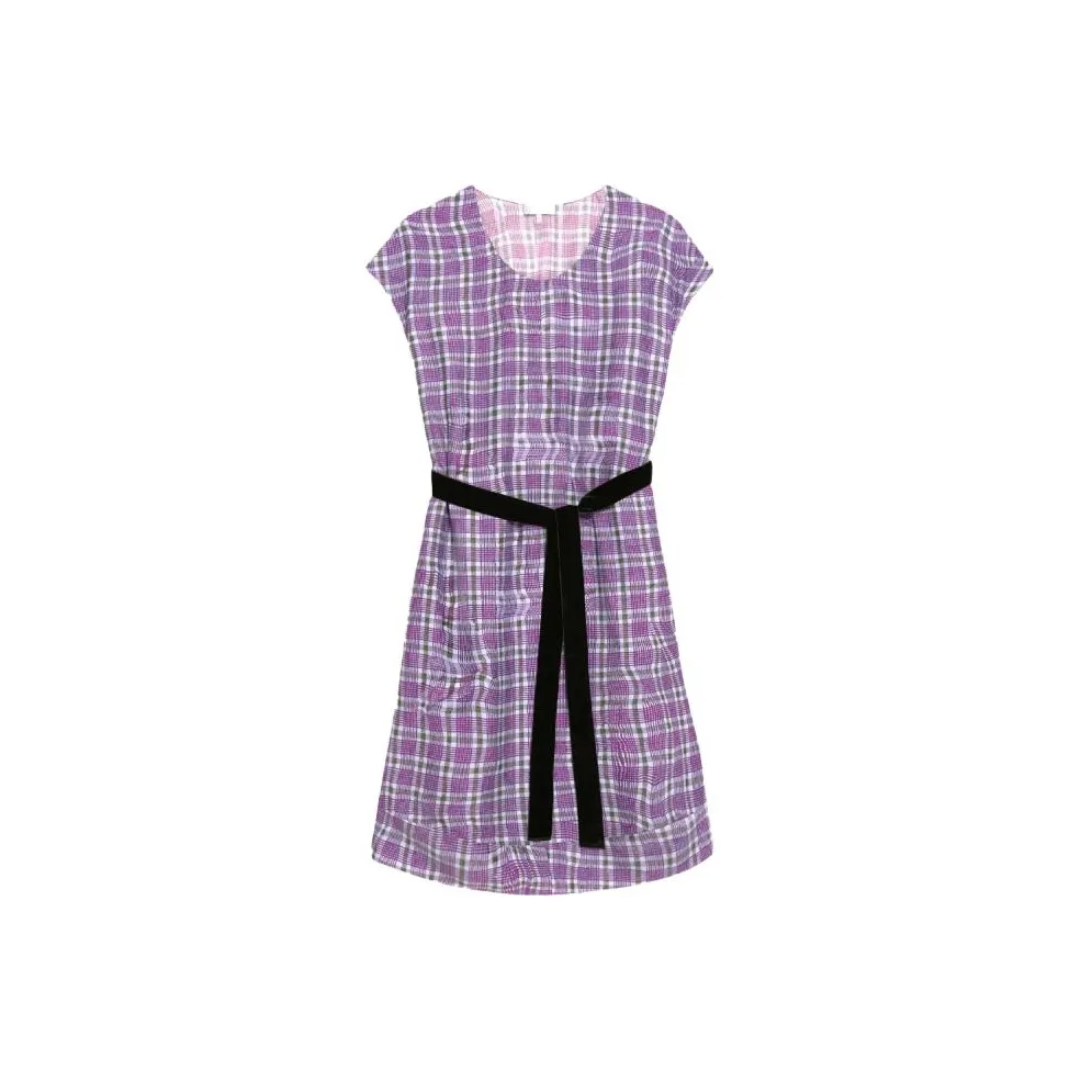 THEORY Designer Co authored Collection Short Sleeved Dresses Women's Purple Plaid