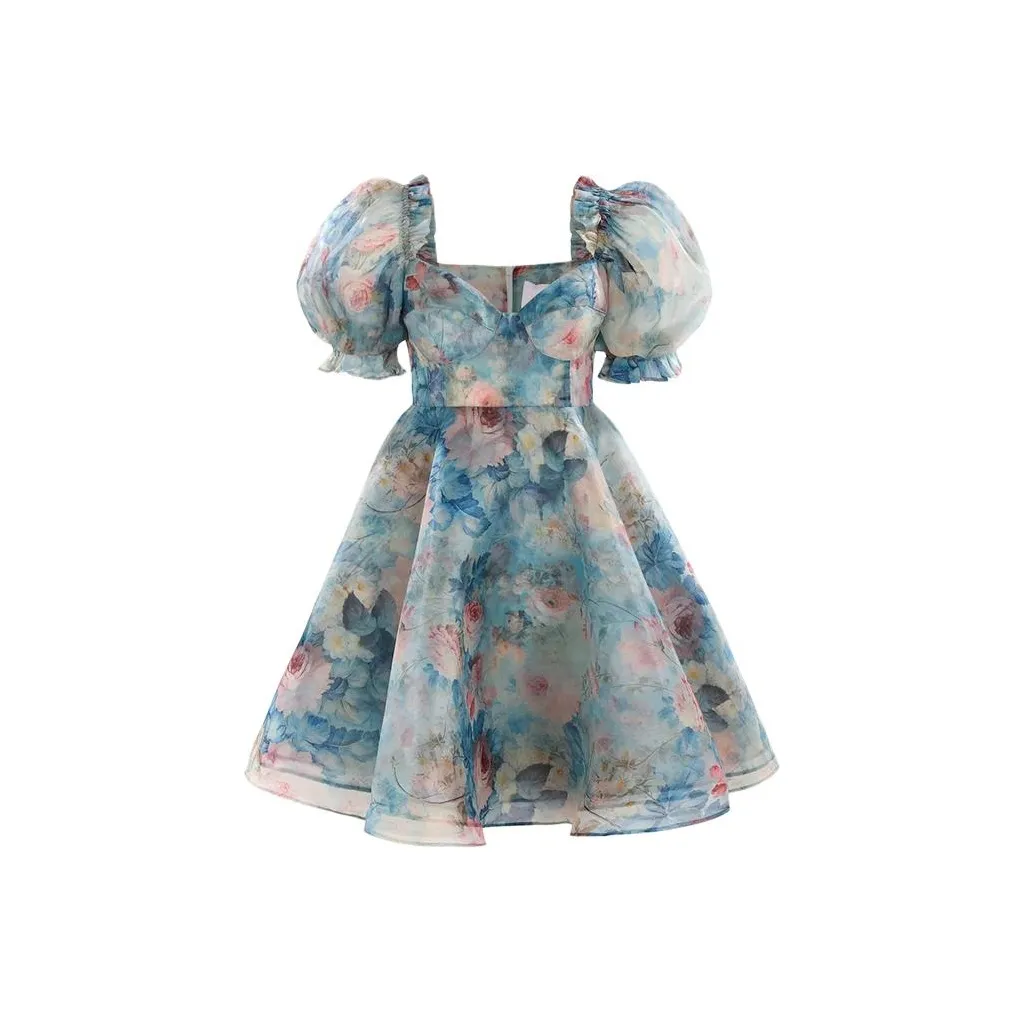 Selkie Collection SS24 Short Sleeved Dress Women's Rose Print On Parchment Paper
