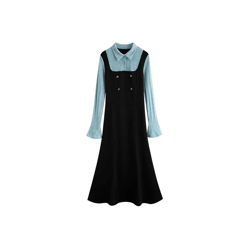 ONE PASS STUDIO Длинное платье с длинными рукавами женское синий черный