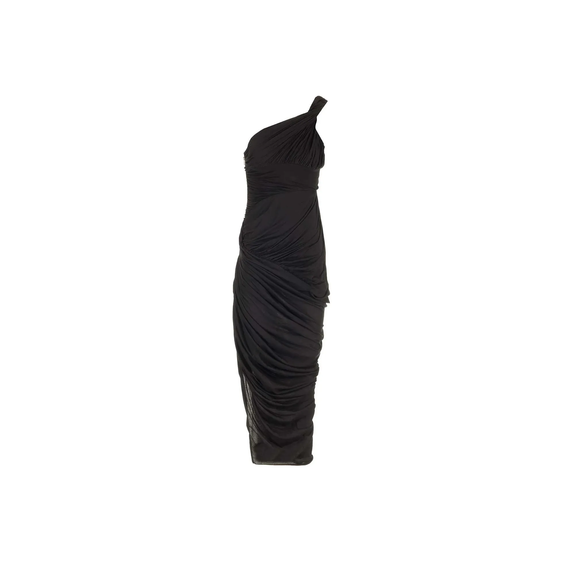 RICK OWENS One Shoulder Draped Ruched Midi Dress