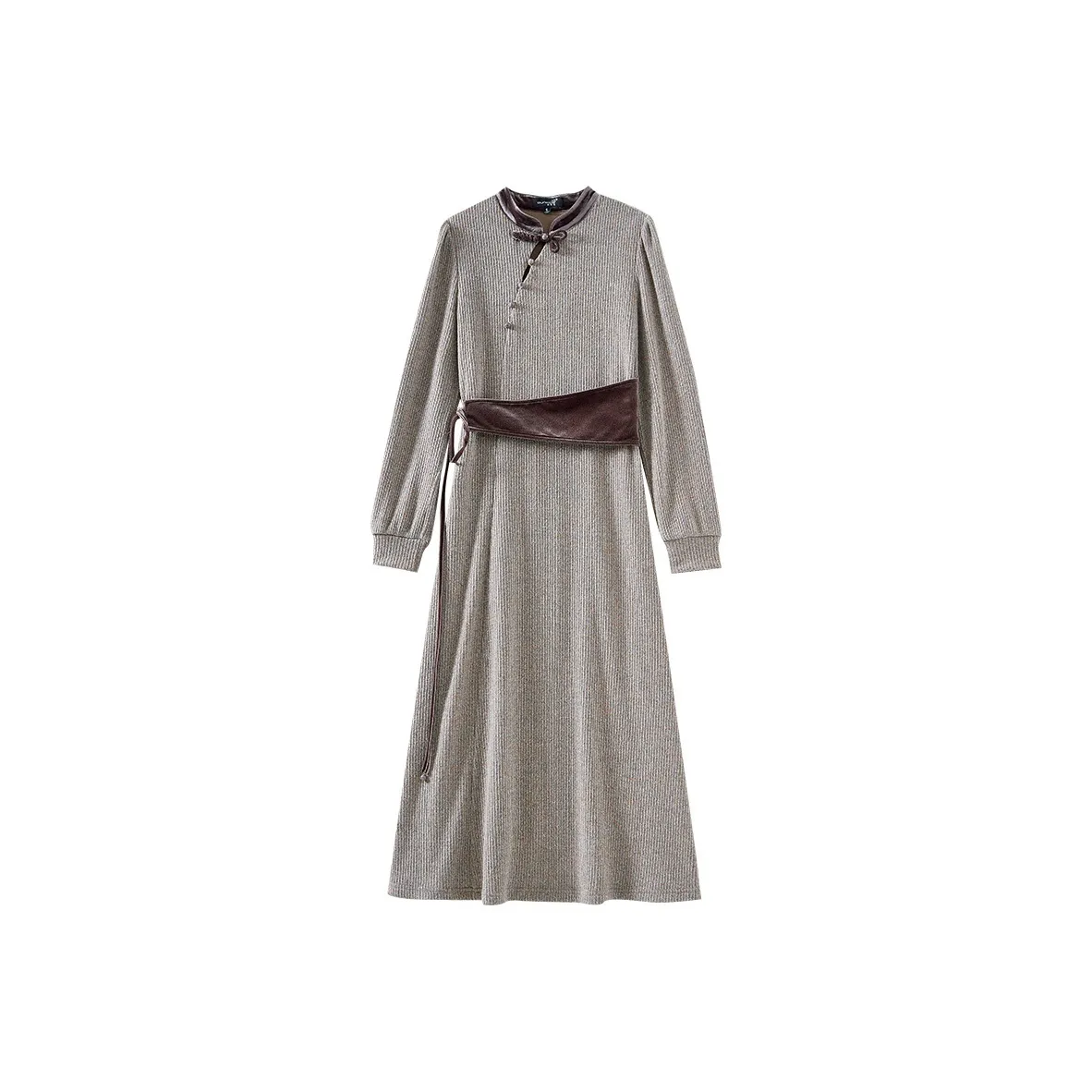 OUNIXUE Длинное платье с длинными рукавами женское тауповый серый