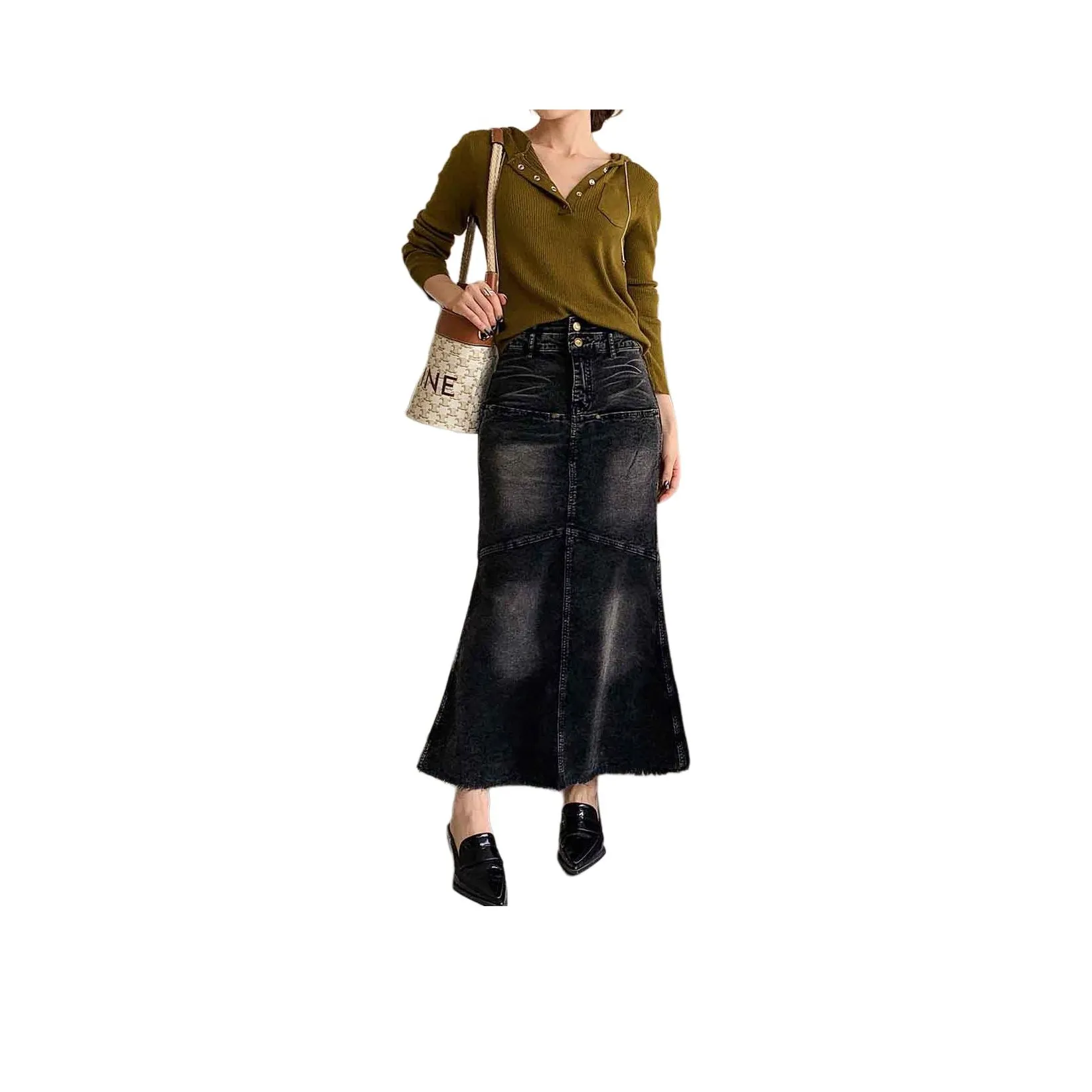 NANING9 Деним Длинная Юбка Женская Черная