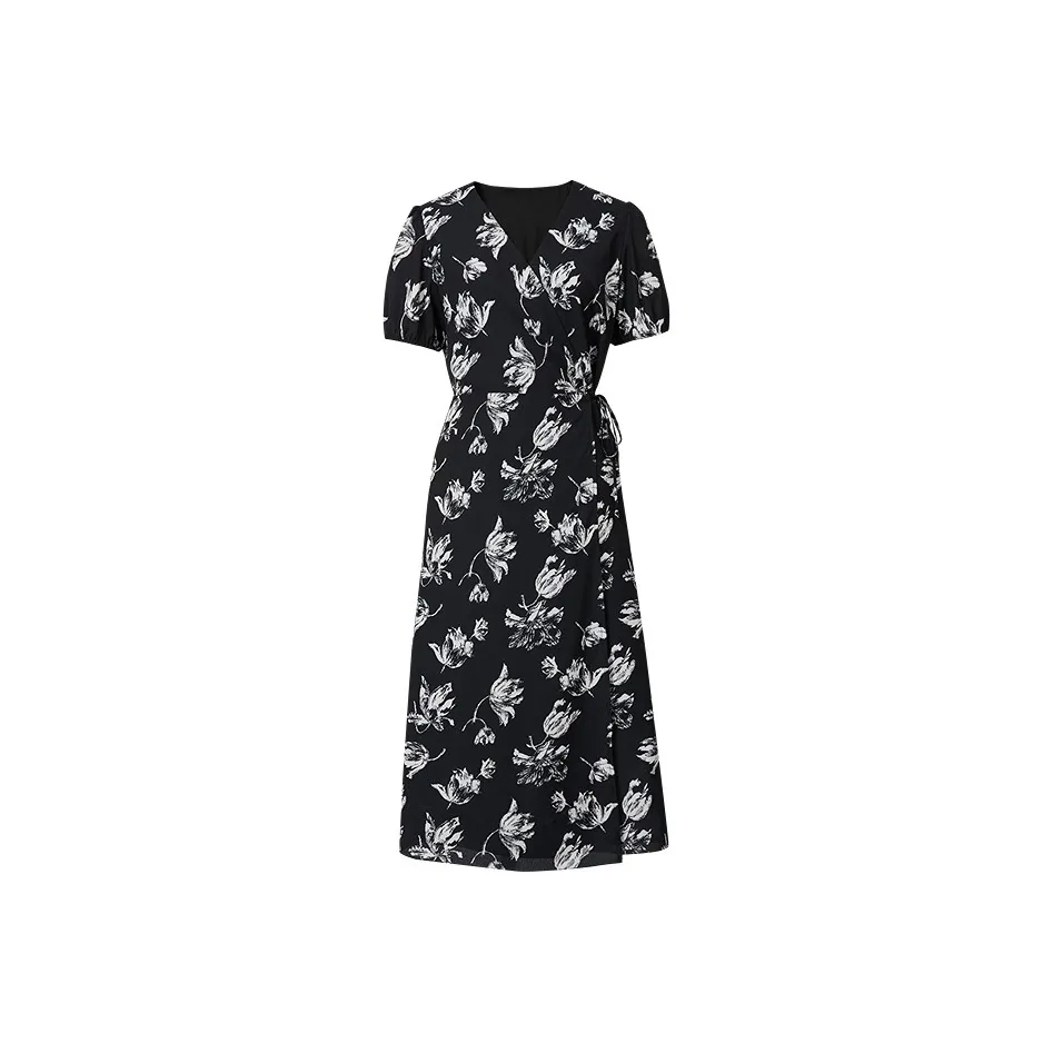Hopeshow Short Sleeved Dress Women's Black White Flower 601