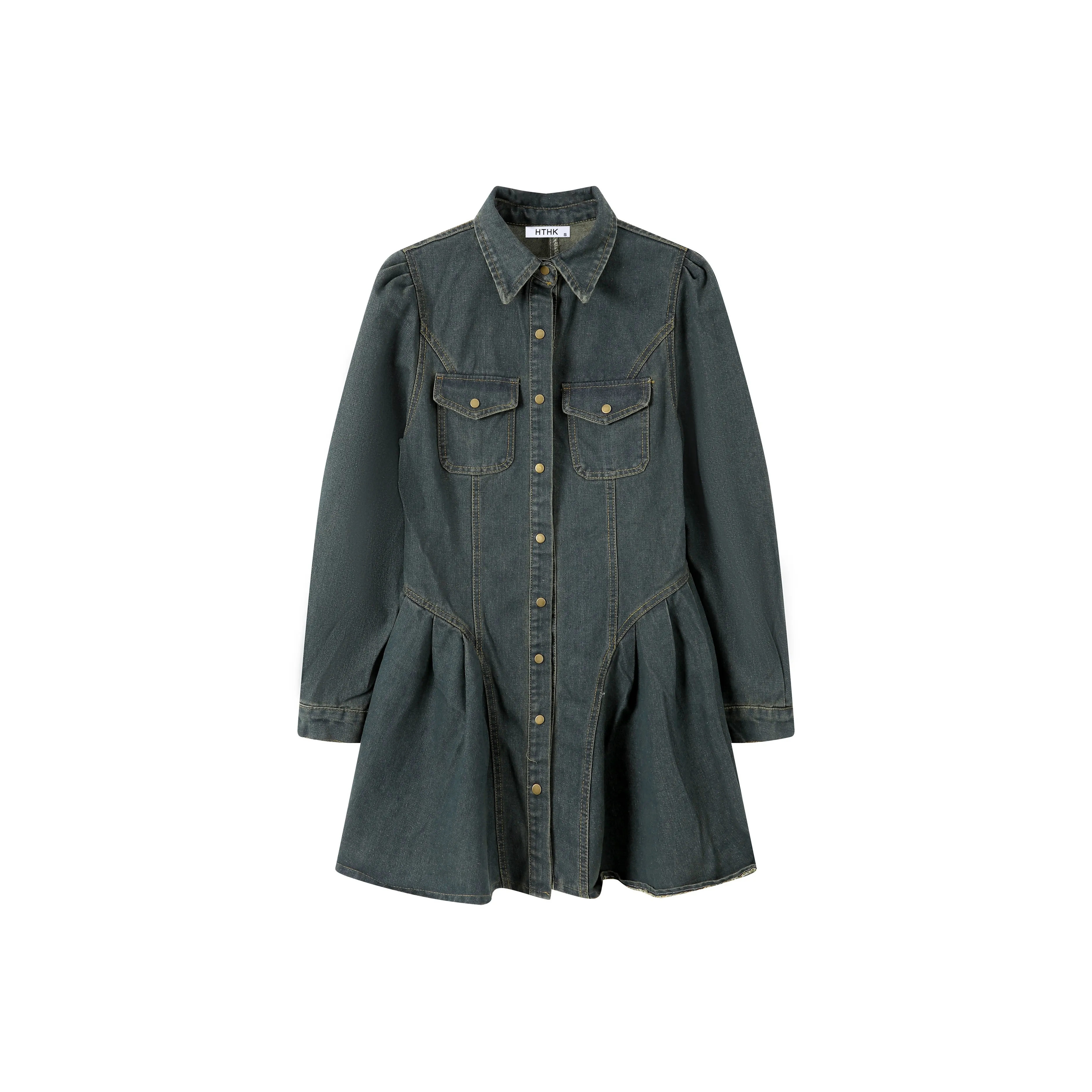 HTHK Long Sleeved Dresses Women's Vintage Blue