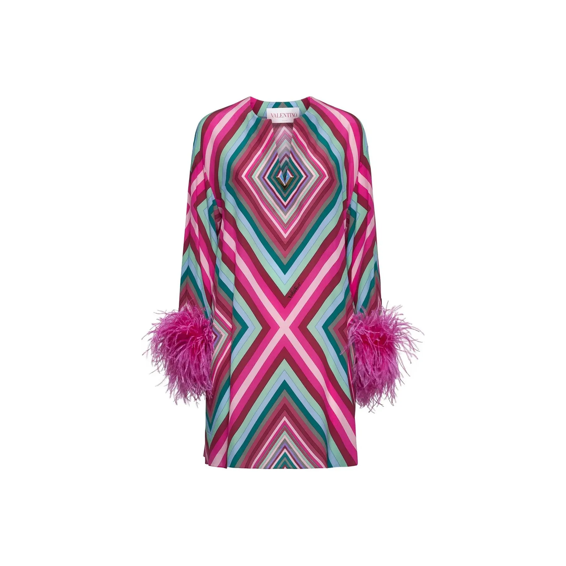 Valentino Geometric Printed Feather Detailed Dress