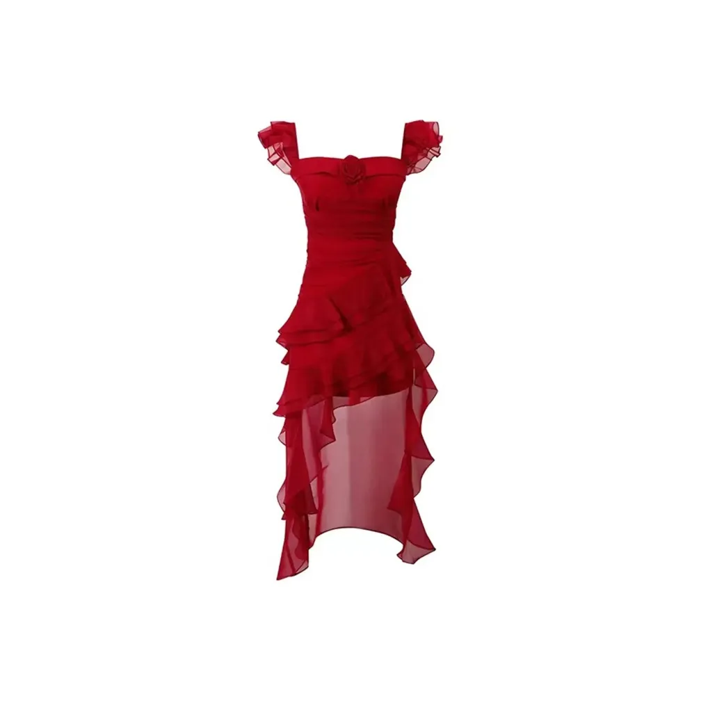 QYPRF Короткий рукав платье женское красное