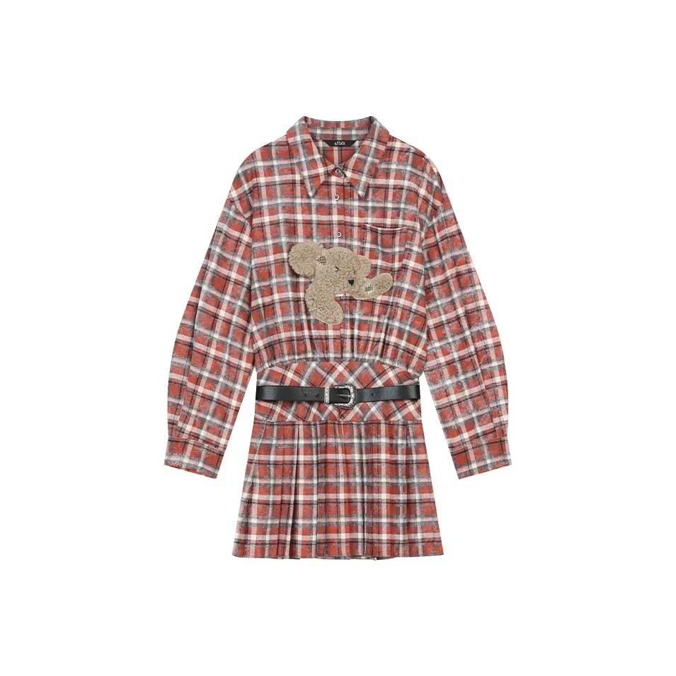 ELF SACK Long Sleeved Dress Women's Brick Red Plaid