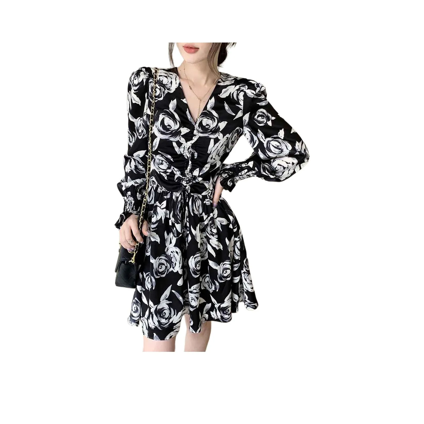 NANING9 Длинное платье с длинным рукавом женское черное