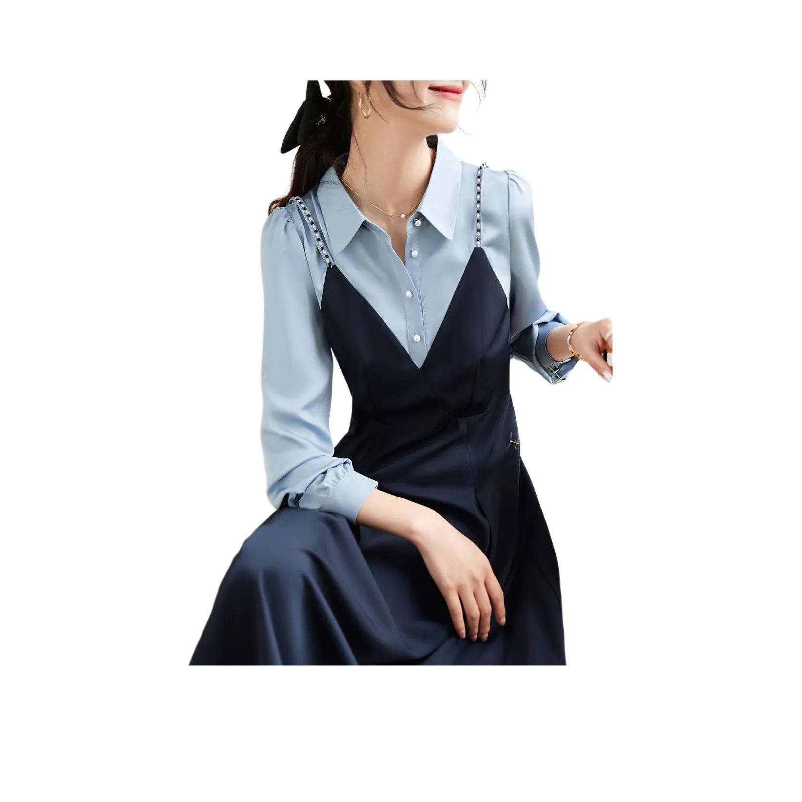 Mo Han Yi Mei Длинное платье с длинными рукавами женское темно-синий