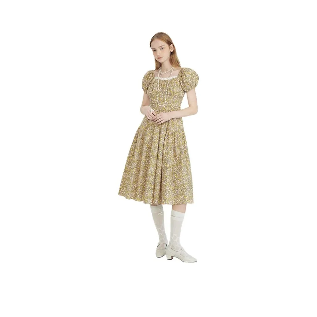 AIVEI Короткое платье с короткими рукавами женское желтый цветочный