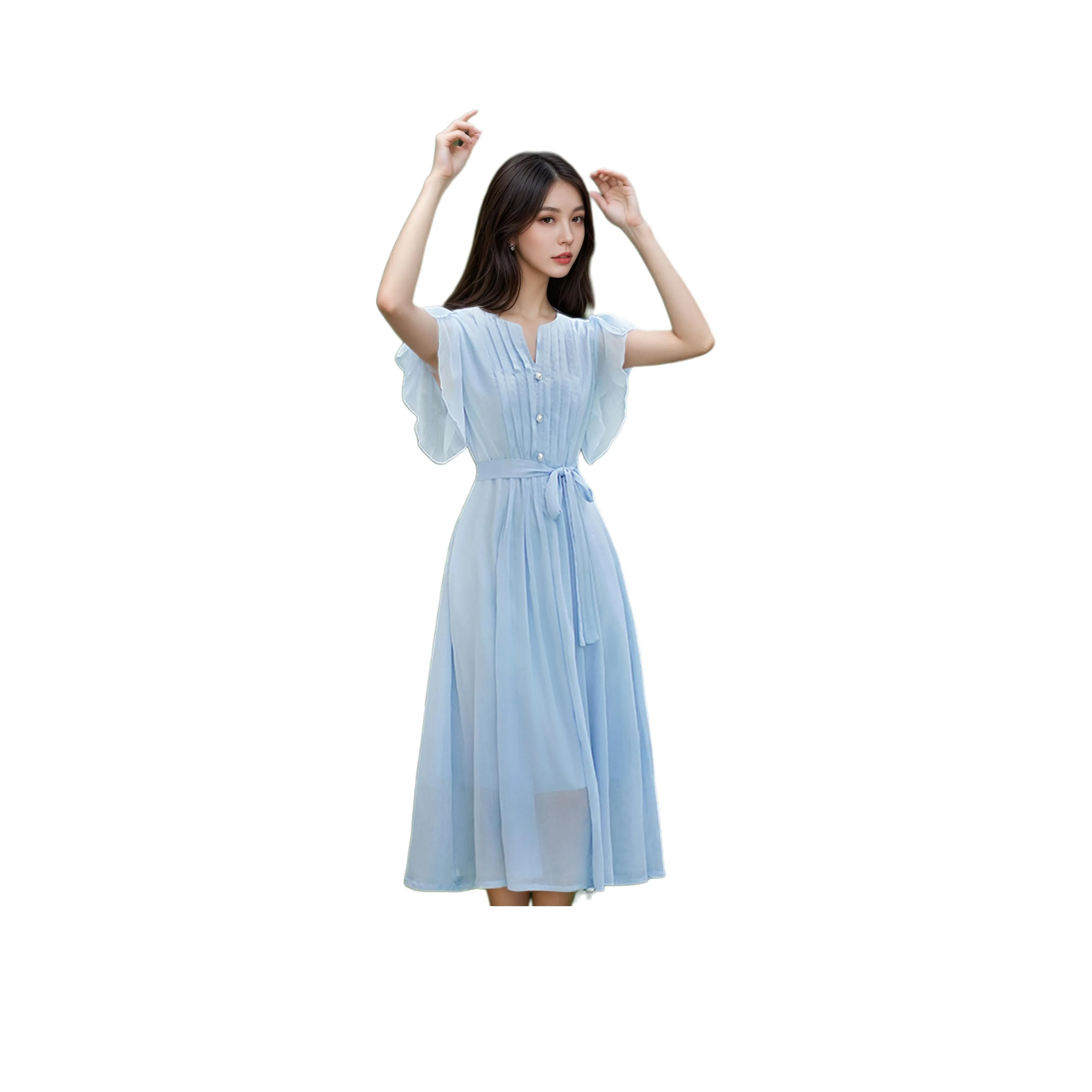YICHEN Короткий рукав Платье Женское Светло-синий
